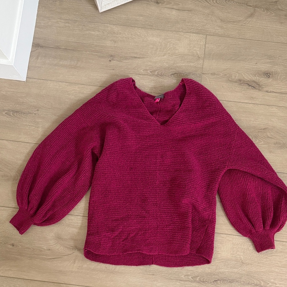 Vince Camuto Raspberry Red V-Neck Balloon Sleeve Sweater
